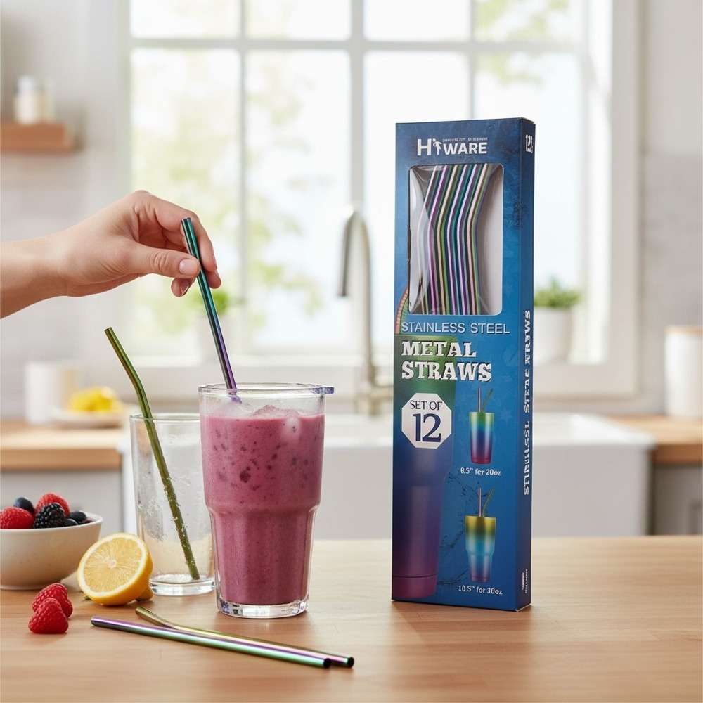 Hiware Metal Straws Unisex OS Rainbow Brand New 12pc Stainless Steel Set